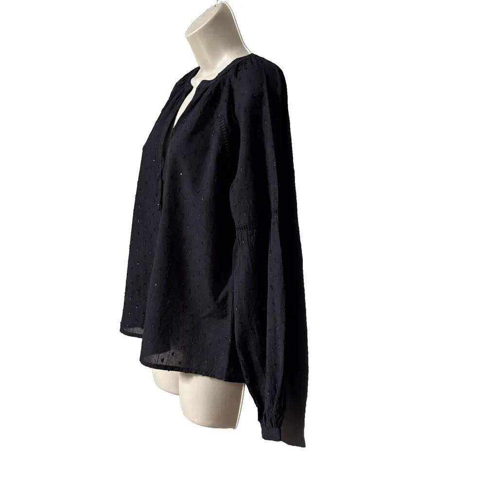 Sezane Black Blouse 34 US 2 Gold Metallic Accents Button Front Long Sleeve Chic